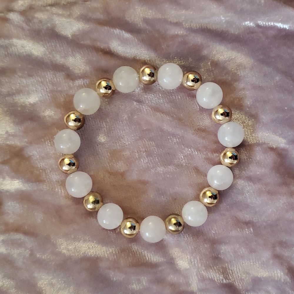 ROSE QUARTZ & Gold Bead Handmade Healing Stretch Bracelet Christmas Gift In Box - Picture 5 of 8